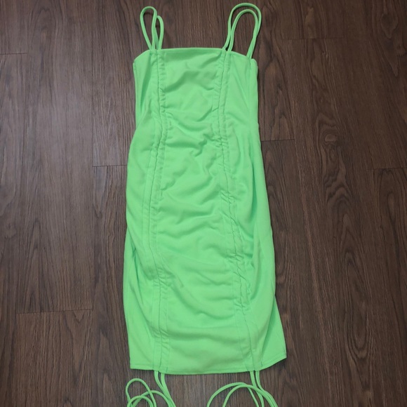neon lime ruched front strappy bodycon dress